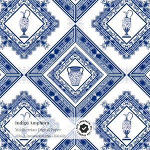 Indigo Greek Amphora Seamless Pattern Mediterranean Ceramic Digital Paper Navy Blue Meander Textile Fabric Ancient Mythology Mythology Art