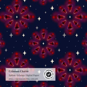 Puede incluir: Papel digital con un patrón repetitivo de botellas de poción rojas dispuestas en círculos, rodeadas de estrellas blancas, sobre un fondo azul oscuro. El texto "Crimson Charm" y "Potion Alchemy Digital Paper" se muestra en la parte inferior.