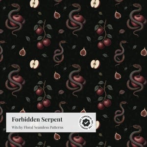 May include: A seamless pattern on a black background featuring illustrations of snakes coiled around red apples, branches with red apples, sliced figs, and small leaves. The image includes the text Forbidden Serpent Witchy Floral Seamless Patterns.