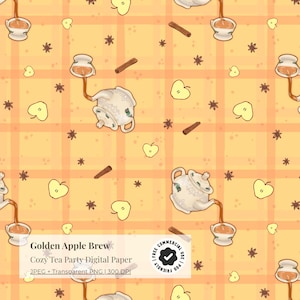 May include: Digital paper with a repeating pattern of teapots, teacups, apple slices, cinnamon sticks, and star anise on a yellow and orange plaid background. The text "Golden Apple Brew" is visible.