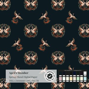 May include: Dark teal digital paper with a repeating pattern of stylized birds and floral elements. The design features pairs of swans and phoenixes in shades of cream, rust, and green. The text "April's Slumber" and "Spring Floral Digital Paper" is visible.