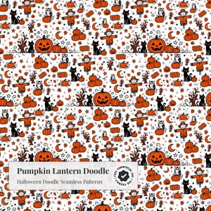 Puede incluir: Un patrón continuo con calabazas de Halloween naranjas, gatos negros, espantapájaros, búhos, lunas crecientes y estrellas sobre un fondo blanco. El texto Pumpkin Lantern Doodle Halloween Doodle Seamless Patterns es visible en la parte inferior.