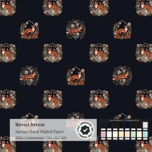 May include: Dark navy digital paper with a repeating pattern of foxes in floral frames. The foxes are various poses, in shades of brown and orange. The text "Russet Breeze" and "Spring Floral Digital Paper" is visible.