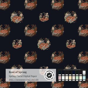 May include: Dark navy digital paper with a repeating pattern of stylized snakes coiled on rocks, surrounded by floral wreaths. The text "Root of Spring" and "Spring Floral Digital Paper" is visible. Includes color variations.