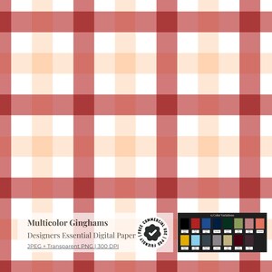 Może przedstawiać: Papier cyfrowy z wzorem w kratę w odcieniach czerwieni, bieli i brzoskwini. Obraz zawiera tekst "Multicolor Ginghams" i "Designers Essential Digital Paper". Dołączona jest również paleta kolorów.