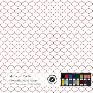 May include: Digital paper featuring a white background with a repeating red Moroccan trellis design. The image includes the text "Moroccan Trellis Geometric Digital Papers" and a 15-colour palette.