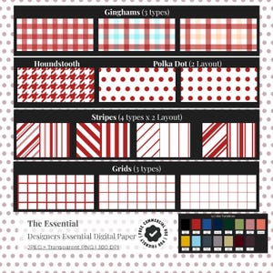 May include: Digital paper designs featuring various patterns, including gingham, houndstooth, polka dots, stripes, and grids. The designs are in red and white, with a color palette displayed at the bottom. The text reads "The Essential Designers Essential Digital Paper".