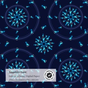 May include: Digital paper titled "Sapphire Gaze" featuring a repeating pattern of glowing blue potion bottles and circular designs on a dark blue background. The image includes text indicating it is a JPEG and transparent PNG file.
