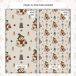 Side by side scale comparison showing jumbo and mini print sizes of the retro embroidery ghost pattern on a 12x12 inch canvas.