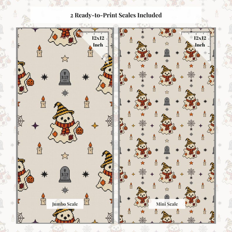 Side by side scale comparison showing jumbo and mini print sizes of the retro embroidery ghost pattern on a 12x12 inch canvas.