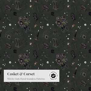 Pode incluir: Um padrão contínuo sobre um fundo verde escuro com ilustrações de caixões pretos, espartilhos, ramos de flores roxas escuras com fitas pretas, velas pretas, pérolas e chaves. O texto diz Casket & Corset Witchy Dark Floral Seamless Patterns.