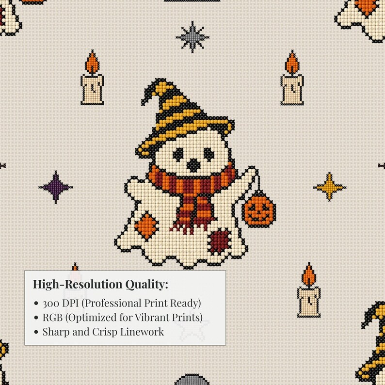 High resolution close up of pixelated cross-stitch ghost holding a pumpkin lantern, showing detailed embroidery thread texture and 300 DPI quality.
