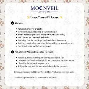 Pode incluir: Um documento informativo branco intitulado MOCNVEIL ARTWORKS Usage Terms & License. Lista usos permitidos como projetos pessoais, scrapbooking e produtos de pequenas empresas, e usos proibidos como a revenda.