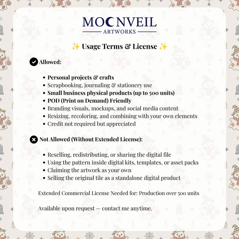 Pode incluir: Um documento informativo branco intitulado MOCNVEIL ARTWORKS Usage Terms & License. Lista usos permitidos como projetos pessoais, scrapbooking e produtos de pequenas empresas, e usos proibidos como a revenda.