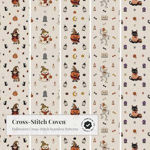 Kreuzstich-Halloween-Musterpaket: Hexe, schwarze Katze und Geist (Volkskunst), Kürbis- und Skelettmotiv
