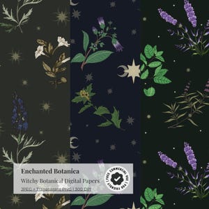 Puede incluir: Conjunto de papeles digitales con ilustraciones botánicas de temática bruja. Los diseños incluyen elementos florales, estrellas y lunas sobre fondos verde oscuro y azul marino. El texto "Enchanted Botanica" y "Witchy Botanical Digital Papers" es visible.