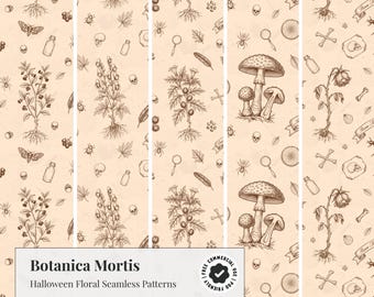 Pode incluir: Um design de padrão sem costura intitulado Botanica Mortis com ilustrações em tinta castanha sobre um fundo bege claro. Os motivos repetitivos incluem várias plantas botânicas, cogumelos, crânios, insetos, penas, ossos e pequenos frascos de vidro.