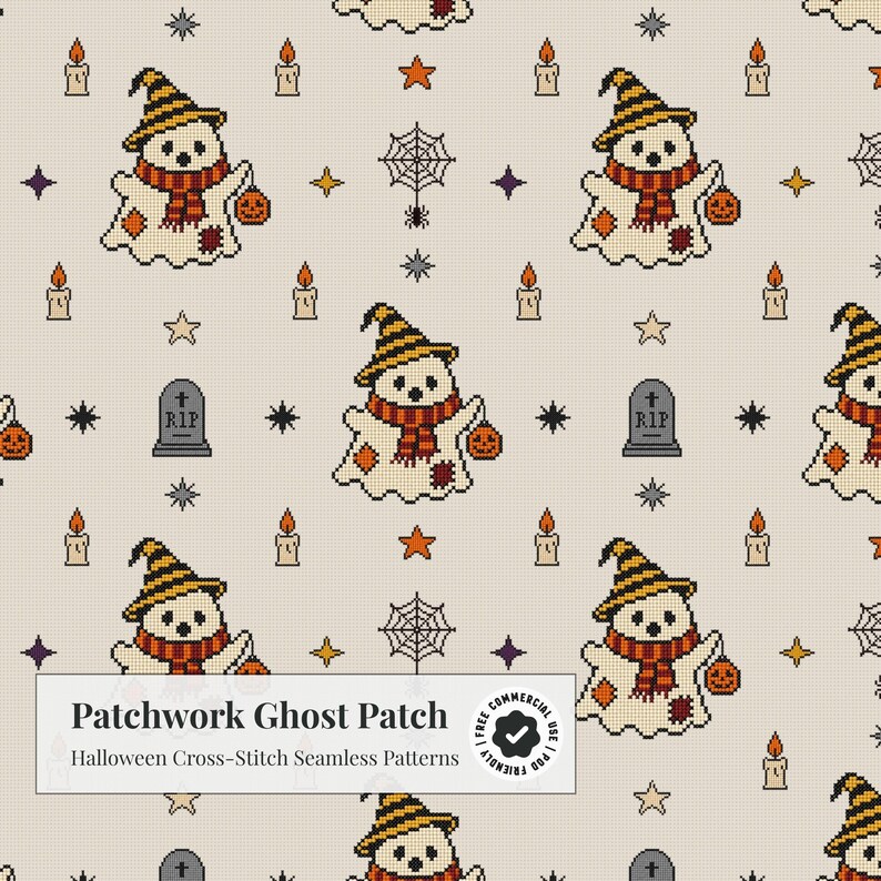 Patchwork Ghost Patch seamless pattern cover featuring cross-stitch embroidered cute ghosts wearing scarves, RIP gravestones, candles, spiderwebs, and stars on cream canvas.