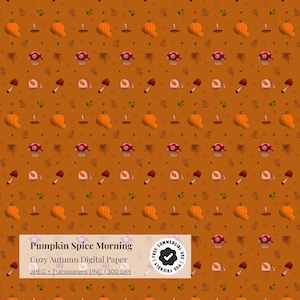 May include: Digital paper with a repeating pattern of orange pumpkins, red-capped mushrooms, and fall leaves on a brown background. The text "Pumpkin Spice Morning" and "Cozy Autumn Digital Paper" is displayed at the bottom.
