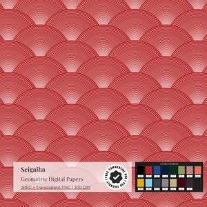 Könnte beinhalten: Rotes und weißes Seigaiha-Muster für geometrisches digitales Papier. Das Design zeigt ein sich wiederholendes fächerartiges Motiv. Das Bild enthält den Text "Seigaiha Geometric Digital Papers JPEG + Transparent PNG 300 DPI".