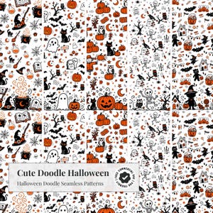 May include: A digital pattern featuring a repeating Halloween theme with orange pumpkins, black cats, white ghosts, skeletons, bats, owls, cauldrons, and witch hats on a white background. The text reads Cute Doodle Halloween.