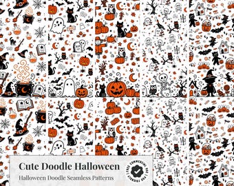 Pode incluir: Um padrão digital com um tema de Halloween repetitivo, incluindo abóboras laranja, gatos pretos, fantasmas brancos, esqueletos, morcegos, corujas, caldeirões e chapéus de bruxa num fundo branco. O texto diz Cute Doodle Halloween.