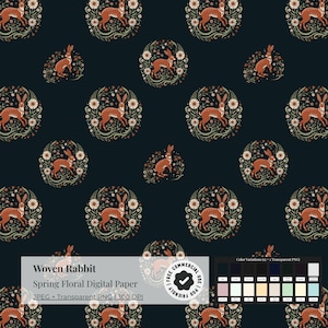 Puede incluir: Papel digital azul oscuro con un patrón repetido de conejos marrones rodeados de coronas florales. El texto "Woven Rabbit Spring Floral Digital Paper" está en la parte inferior. La imagen también incluye una paleta de colores.