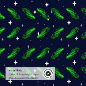 May include: Digital paper featuring a repeating pattern of neon green flasks with a glowing liquid, set against a dark blue background with white star accents. The text "Neon Flask" and "Potion Alchemy Digital Paper" is visible.