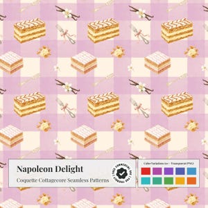 May include: A seamless digital pattern featuring watercolor illustrations of Napoleon pastries, vanilla bean sprigs, and silver forks arranged on a light purple and cream checkered background. The text Napoleon Delight Coquette Cottagecore Seamless Patterns is visible.