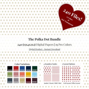 May include: A digital product bundle featuring polka dot patterns. The image displays a variety of color variations and seamless scales. The text reads "The Polka Dot Bundle" with 240 digital papers and 15 pro colors.