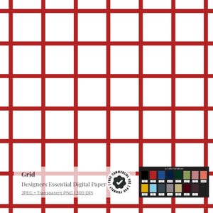 May include: A digital paper design featuring a red grid pattern on a white background. The image includes text that reads "Grid", "Designers Essential Digital Paper", and "JPEG + Transparent PNG | 300 DPI". A color palette is also included.