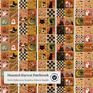Haunted Harvest Patchwork Retro Halloween Seamless Pattern Bundle, Groovy Folk Art, Vintage Handdrawn 70s Checkerboard Quilt Surface Design