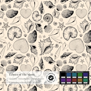 May include: Digital paper with a repeating pattern of detailed black and white seashells, starfish, and other oceanic ornaments on a cream background. The text "Echoes of The Shore" and "Oceanic Ornaments Digital Paper" is visible.