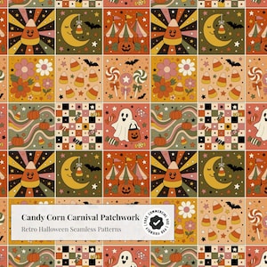 Patrón sin costuras de patchwork retro de Halloween con diseño de caramelos de maíz estilo carnaval, arte popular moderno, diseño de superficie de colcha de tablero de ajedrez vintage dibujado a mano de los años 70