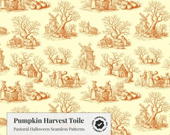 Pode incluir: Um padrão contínuo com ilustrações de linhas laranja sobre fundo creme, retratando cenas pastorais de colheita de abóboras com carroças, moinhos de vento e árvores nuas. Texto: Pumpkin Harvest Toile, Pastoral Halloween Seamless Patterns.