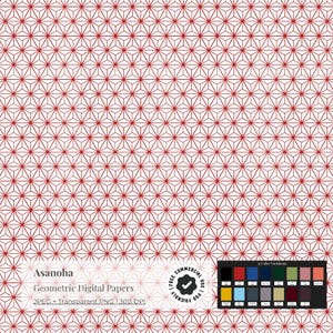 Puede incluir: Papel digital blanco con un patrón geométrico rojo repetitivo. El diseño se compone de triángulos interconectados, creando un efecto texturizado. El texto "Asanoha Geometric Digital Papers" es visible, junto con variaciones de color.