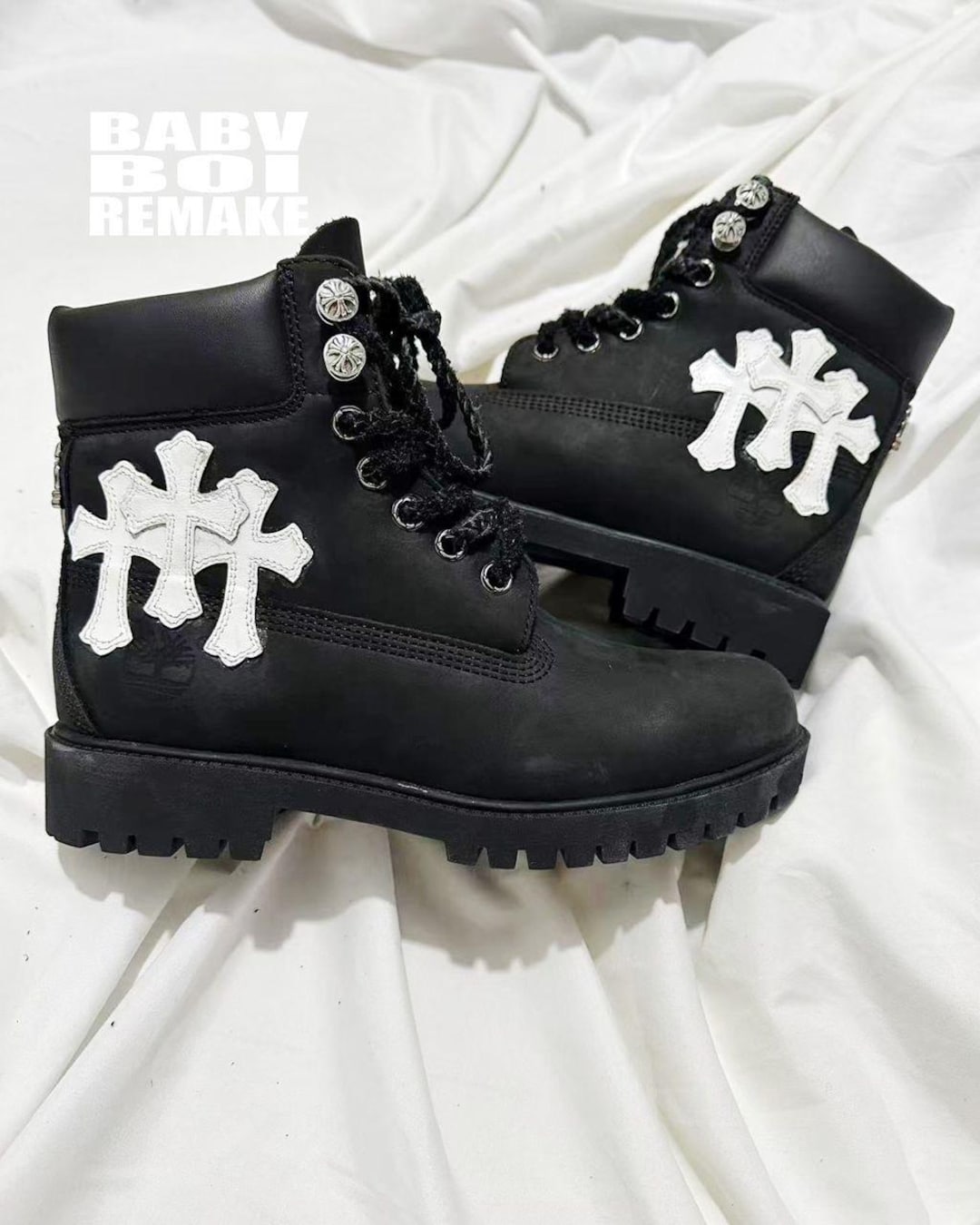 Black Timberlands With White Crosses, Custom, Handmade - Etsy