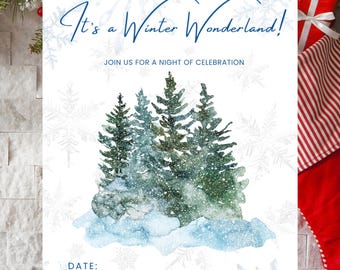 Christmas Winter Wonderland Party Invitation, Holiday Trees Invite Printable, Editable Canva Template, Instant Download