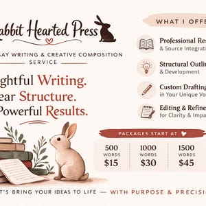 Puede incluir: Anuncio ilustrado de Rabbit Hearted Press, un servicio de redacción de ensayos y composición creativa. La imagen presenta un conejo, libros y una pluma, con texto que detalla los servicios y los precios de los paquetes.
