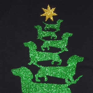 Dachshund Holiday Tree Christmas TShirt Adult Child Sizes Green Gold Glitter Doxie Wiener Dog