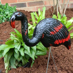 May include: Black flamingo lawn ornament with red accents. The flamingo is standing on a metal stake in the ground.