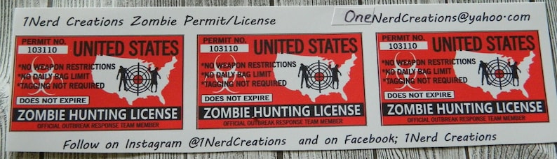 Zombie Hunting License Permit Car Decal Sticker Walker Hunter - Etsy