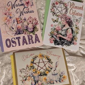 Ostara Holiday Greeting Cards Spring Equinox Bunnies Flowers Pentacles Goddess Eggs Wicca Pagan Mother Earth