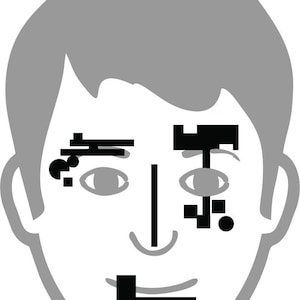 May include: A stylized illustration of a face with gray hair and a gray outline. The facial features are represented by black geometric shapes, including eyes, a nose, and a mouth. The overall design is minimalist and graphic.