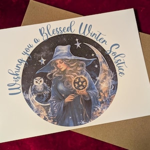 Blessed Winter Solstice Yule Holiday Greeting Card Wicca Pagan Snow Witch Owl Pentacle