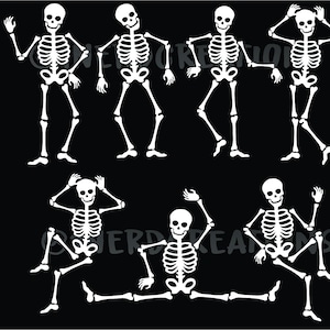May include: Six white skeleton figures in various poses on a black background. The skeletons are cartoon-like and have a friendly appearance.