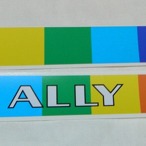 May include: Two rainbow-colored strips with the word "ALLY" in white letters on the bottom strip.