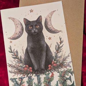 Yule Holiday Greeting Card Black Cat Triple Goddess Wicca Pagan
