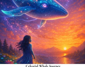 Könnte beinhalten: Digitaler Kunstdruck einer himmlischen Wal in einem Sternenhimmel über einer Frau in einem blauen Kleid. Das Kunstwerk zeigt einen lebendigen Sonnenuntergang über einem See und Bergen. Text lautet "Celestial Whale Journey" und "Wallpapers & Printable Art Files".