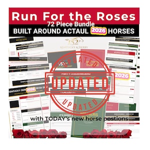 May include: A 72-piece bundle with the text "Run For the Roses" and "Built Around Actual 2026 Horses." The image includes various documents and a red "UPDATED" stamp. Red roses are at the bottom.